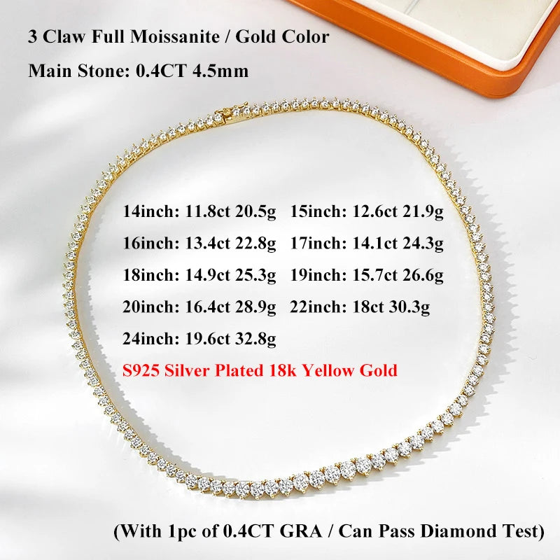 EWYA 3 Claw 0.4CT Gradient Full D Color VVS Moissanite Tennis Necklace for Women 925 Silver Plated 18k GRA Certified Neck Chain
