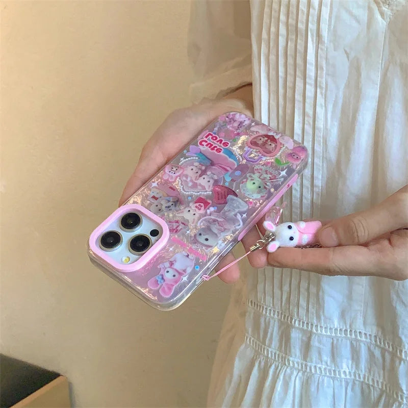 Luxury Laser Rainbow Cute Pink Heart Love Cat Cartoon Phone Case For iPhone 12 13 14 15 16 Pro Max Y2k 3D Furry Cat Doll Lanyard
