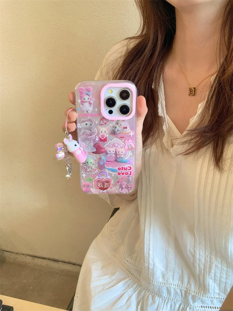 Luxury Laser Rainbow Cute Pink Heart Love Cat Cartoon Phone Case For iPhone 12 13 14 15 16 Pro Max Y2k 3D Furry Cat Doll Lanyard