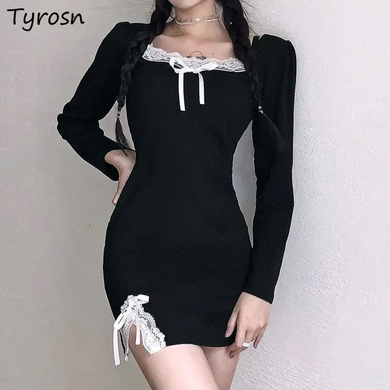 Long Sleeve Dress Women Design Patchwork Lace Bow Square Collar Side-slit A-line Empire Black Sexy Mini Bodycon Dresses Feminine