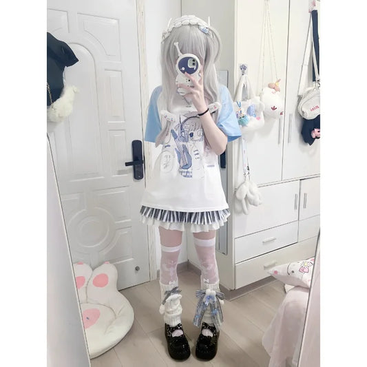 女の子のTシャツ、人気の日本の原宿系かわいい夏2024新作ブルーサブカルチャー半袖Tシャツプルオーバーレディースショートトップス