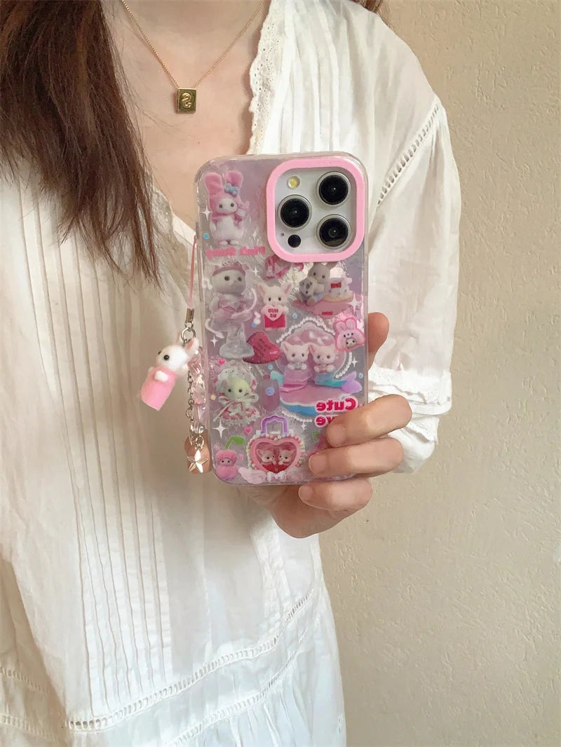 Luxury Laser Rainbow Cute Pink Heart Love Cat Cartoon Phone Case For iPhone 12 13 14 15 16 Pro Max Y2k 3D Furry Cat Doll Lanyard