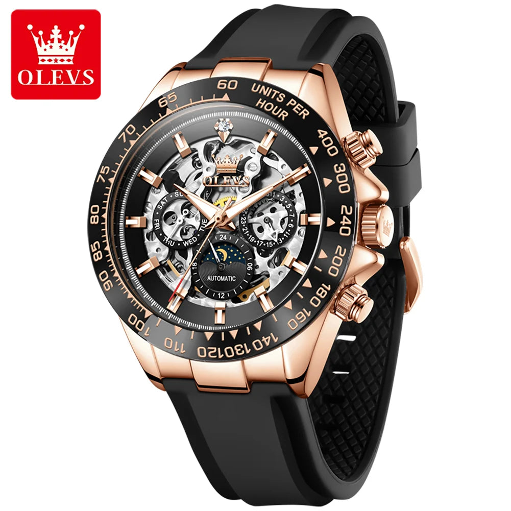 OLEVS 6713 Men Mechanical Watch Hollow Dial Tourbillon Fashionable Business Sport Waterproof Date Moon Silicone Strap