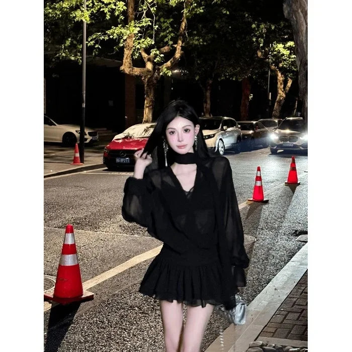 Gray Sash Cross V-Neck Long Sleeve Dress Women Early Autumn Elegance Chiffon Mini Skirt Ladylike Wind A- Line Skirt