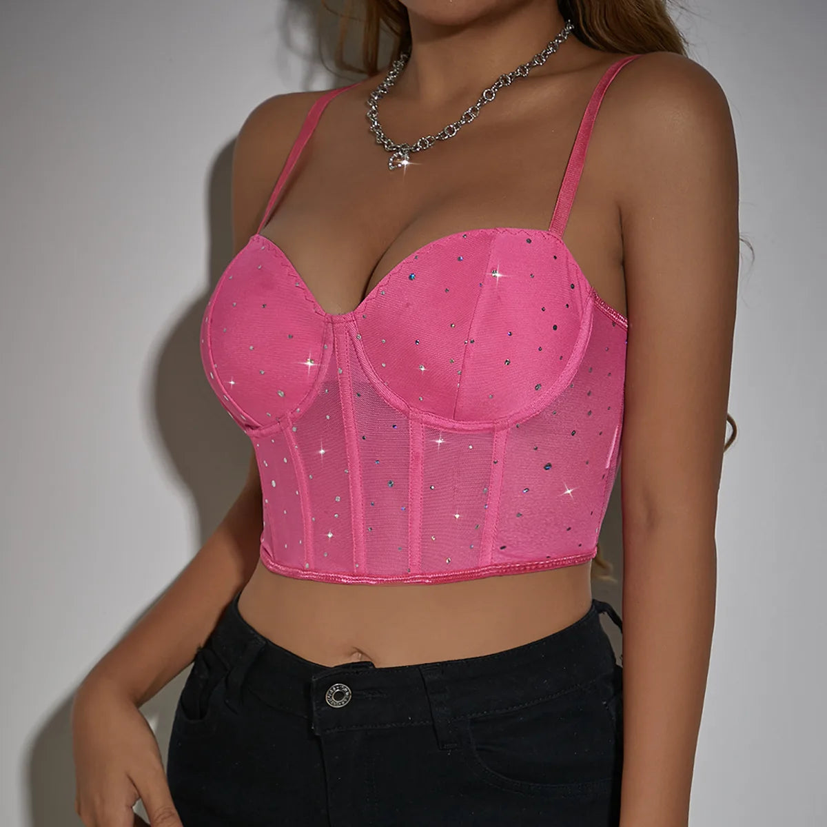 Women Mesh Stitching Cami Crop Top Sequin Decor Slimmer Corset Bustier Summer Streetwear Going Out Y2K Night Clubwear Party Tops