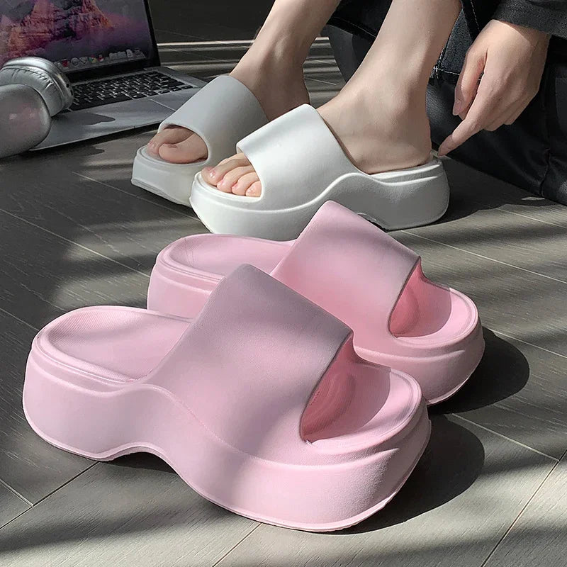 YNPO Solid Color EVA Platform Slippers Women Thick Sole Non Slip Beach Slides Sandals Lady Summer Soft Sole Wedge Heel Slipper