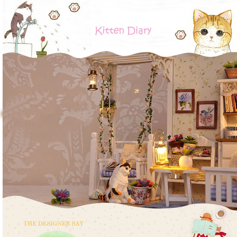 Kitten Mini Doll House Model Building Assembled House Home Kit Creative Room Bedroom Decoration with Furniture Birthday Gifts
