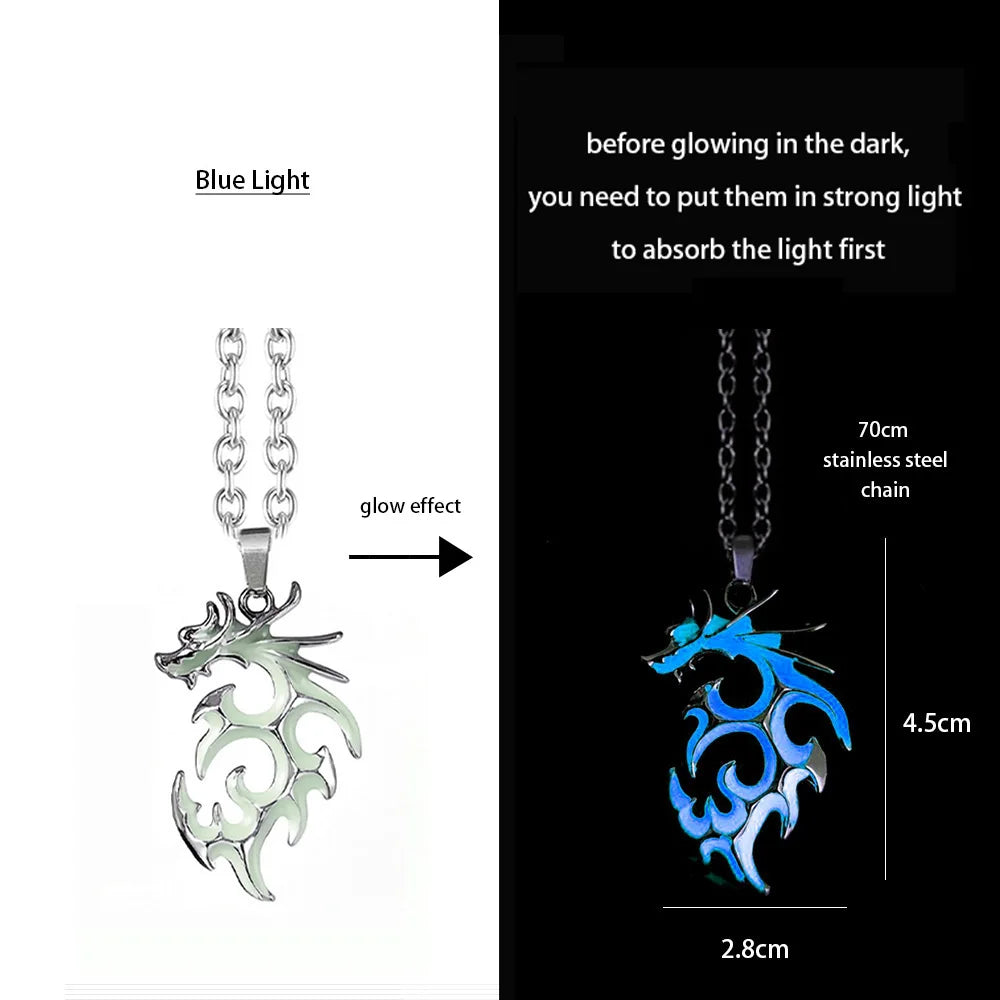 Hiphop Rock Stainless Steel Chain Luminous Alloy Dragon Pendant Glowing Necklace Night Dance Disc Glow In The Dark Necklace