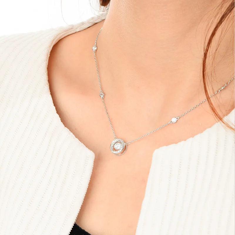 RAPRGOLD GRA Certified Moissanite Round Dancing Pendant Necklaces for Women 925 Sterling Silver Jewelry Chains for Wedding Gifts