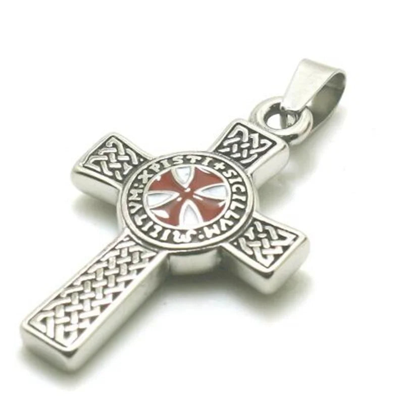 Vintage Punk Red Cross Templar Pendant Necklace for Men Fashion Charm Christian Religious Jewelry