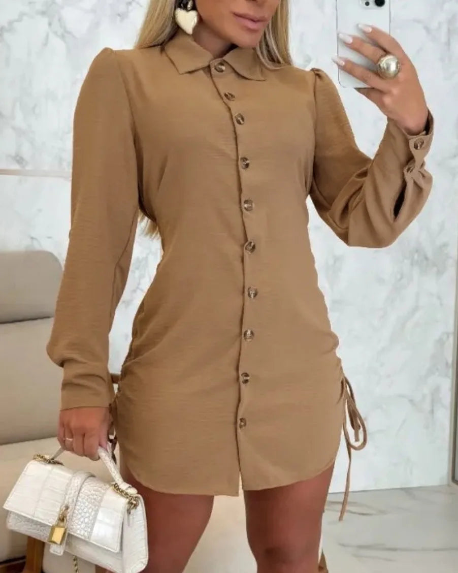 Women Fashion Spring Autumn Blouse Button Dress Turn Down Collar Long Sleeve Double Side Lace Up Shirring Casual Mini OL Dress