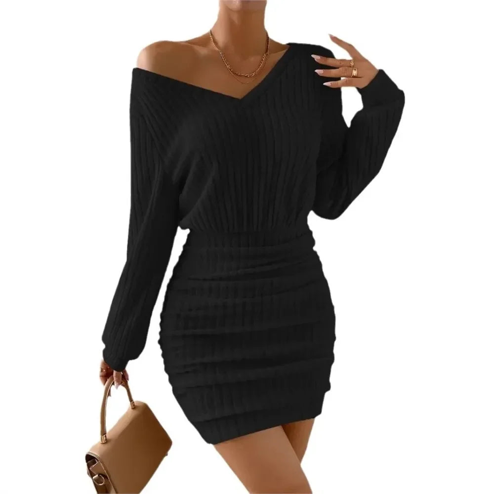 Women V Neck Ribbed Sweater Dress Y2K Long Sleeve Slim Bodycon Knitted Dresses Ladies Short Bodycon Dresses
