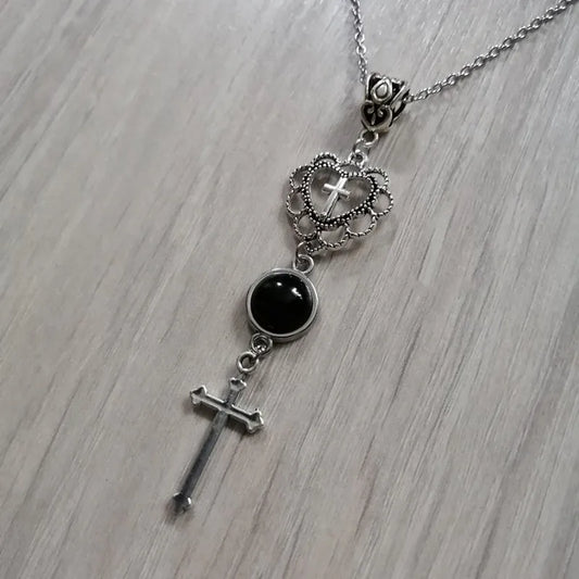 Cross Heart Necklace, Gothic jewelry, Vintage, black agate, Death Cross, Hollow Heart, Witchcraft accessories, For Women,Gift
