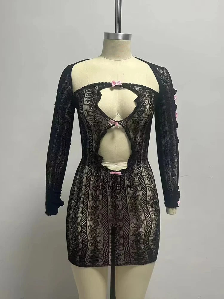 Weird Puss Sexy Butterfly Dress+Shawl Women Y2K Hollow Jacquard Coquette Autumn Trend Stretch Clubwear Long Sleeve Mini Bodycon