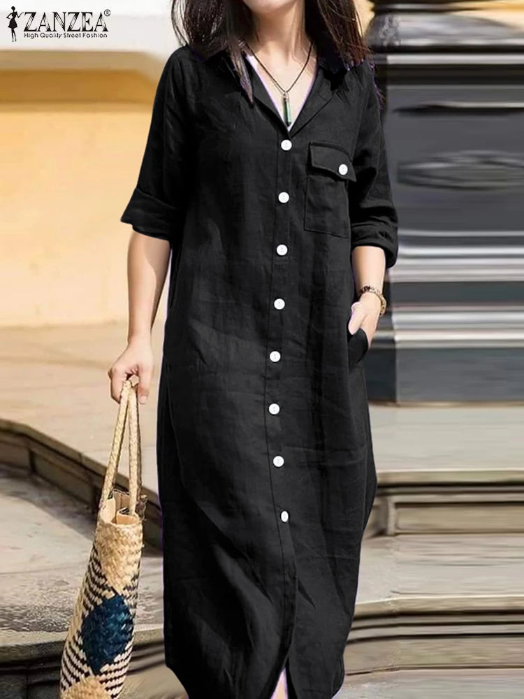 ZANZEA Office Casual Collared Shirtdress Women Autumn Fashion 3/4 Sleeve Button Up Midi Dresses Commuting Solid Color Robe Femme