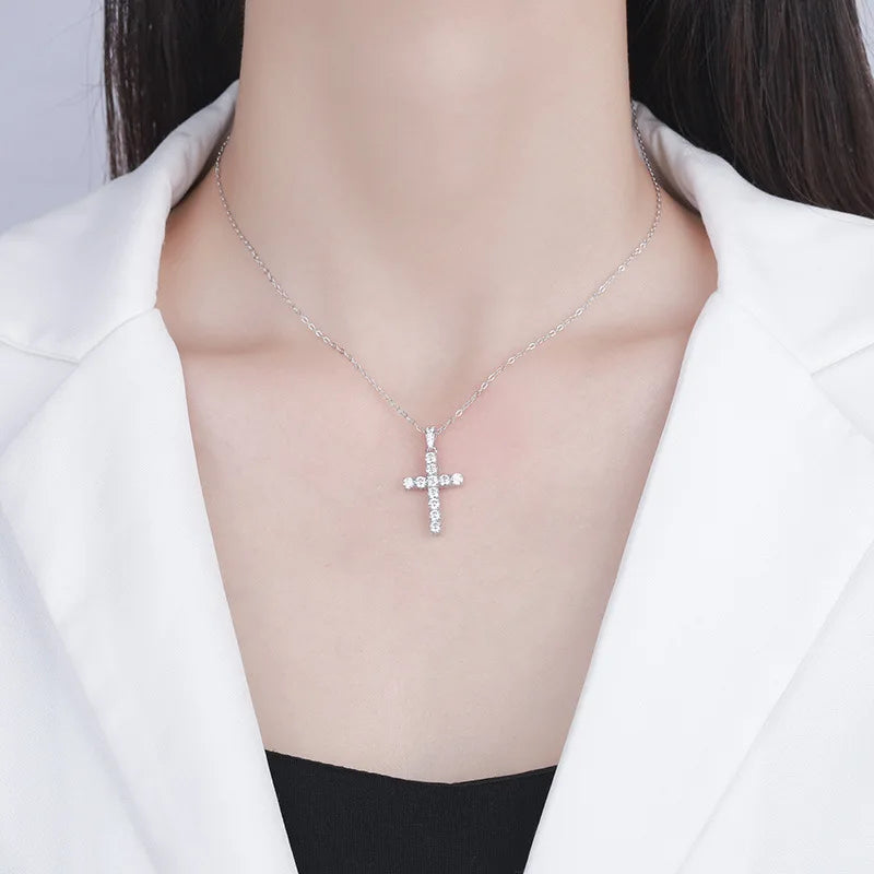 Cross Pendant Necklace for Women D VVS1 Moissanite Pass Diamond Test 100% Sterling Silver Plated 18K White Gold Classic Jewelry
