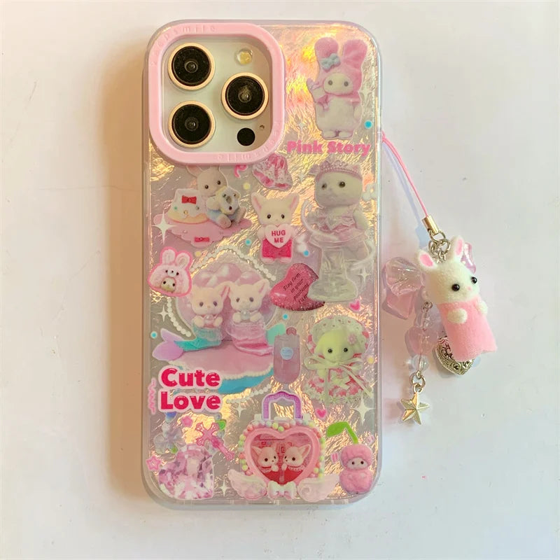 Luxury Laser Rainbow Cute Pink Heart Love Cat Cartoon Phone Case For iPhone 12 13 14 15 16 Pro Max Y2k 3D Furry Cat Doll Lanyard