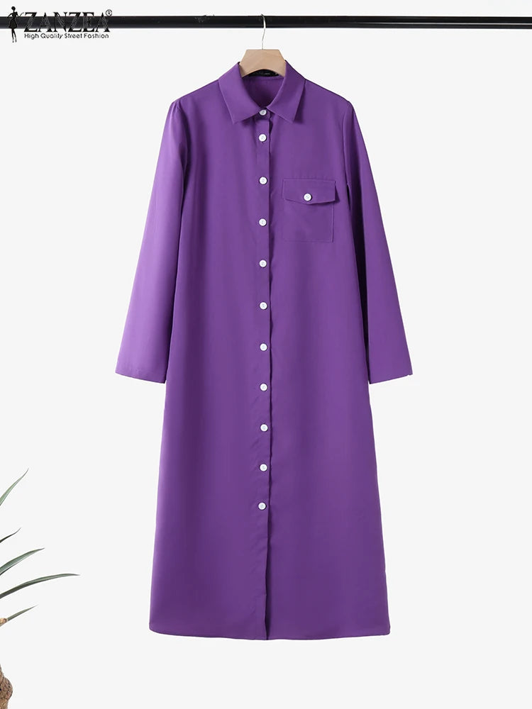 ZANZEA Office Casual Collared Shirtdress Women Autumn Fashion 3/4 Sleeve Button Up Midi Dresses Commuting Solid Color Robe Femme