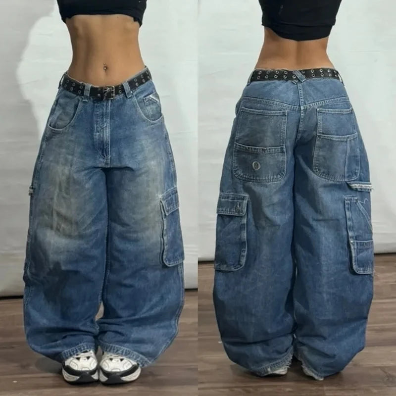 Y2Kファッションストリートヴィンテージヒップホップオーバーサイズパターン刺繍バギージーンズメンズ原宿ロックストレートハイウエストワイドレッグパンツ