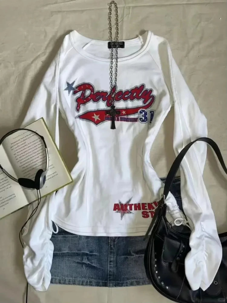 American Vintage Print T-shirt Women Aesthetic Punk Design Long Sleeve Gothic Y2k Tops Subculture Casual Retro Harajuku Tees