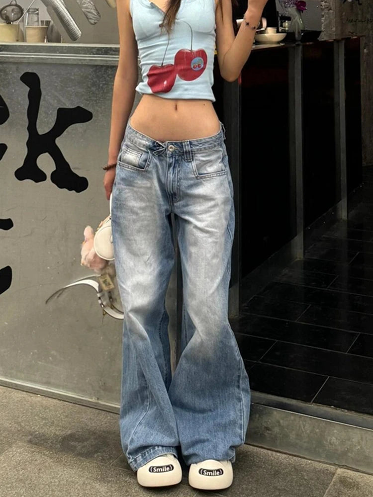 Women American Vintage Y2k Japanese Harajuku Streetwear Baggy Low Rise Denim Pants Long Trousers 2000s Aesthetic Jean Kpop Punk