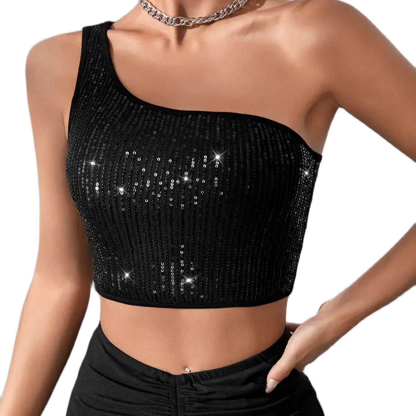 Women's One Shoulder Black Sequin Crop Tops Sparkle Holiday Party Dance Bling shimmer Rave Clothing Festival Outfits