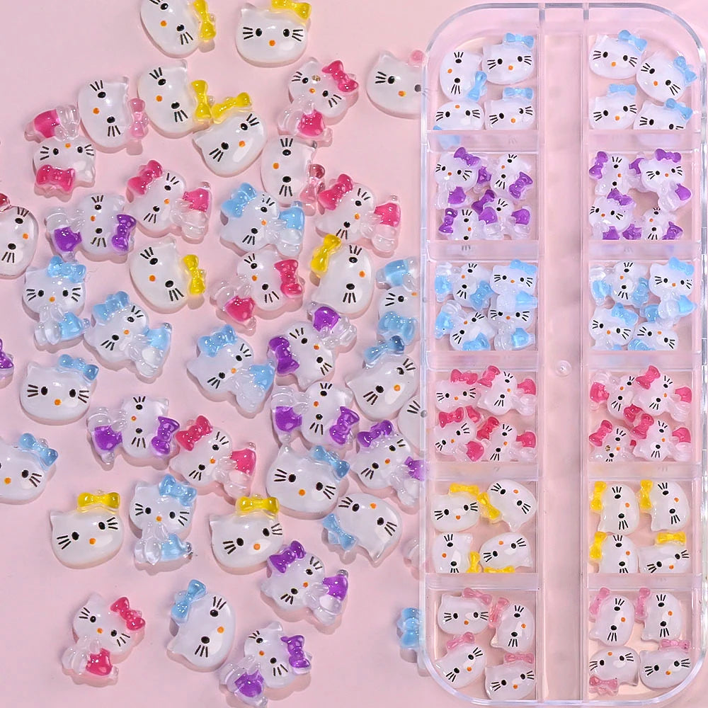 12Grids Summer Black Skin Hello Kitty Nail Charms 3D Pink Bows Hello Kitty Nail Art Rhinestone Cute Cartoon DIY Nail Accessories
