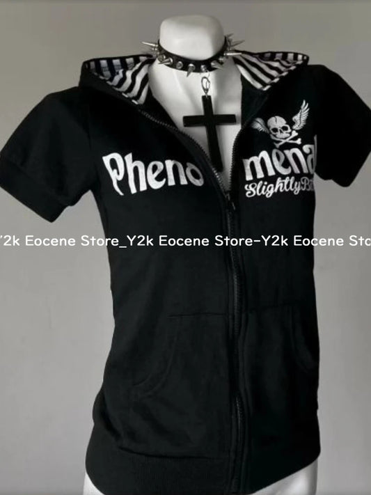 Y2K サブカルチャー スカルプリント ジップカーディガン 半袖 レディース 日本製 スリムフィット ストライプ パーカー カジュアル トップス ファッション ストリートウェア