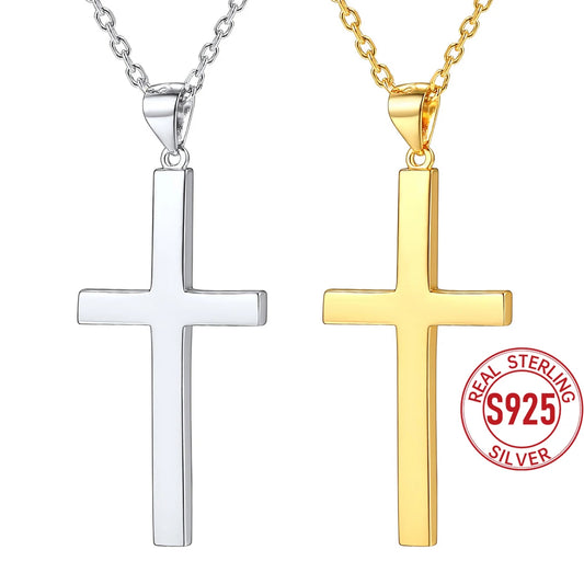 U7 925 Sterling Silver Cross Necklace 4.4g Shiny Cross Pendant Rolo Chain Minimalist Religious Christian Unisex Jewelry Gift
