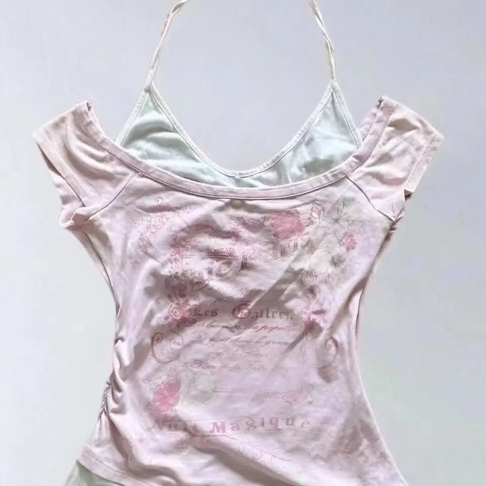 サブカルチャー女性服 Y2K パンクTシャツ アメリカンヴィンテージ スイートセクシー ショート丈 女性服 グリーン 夏 カジュアル 人気トップス