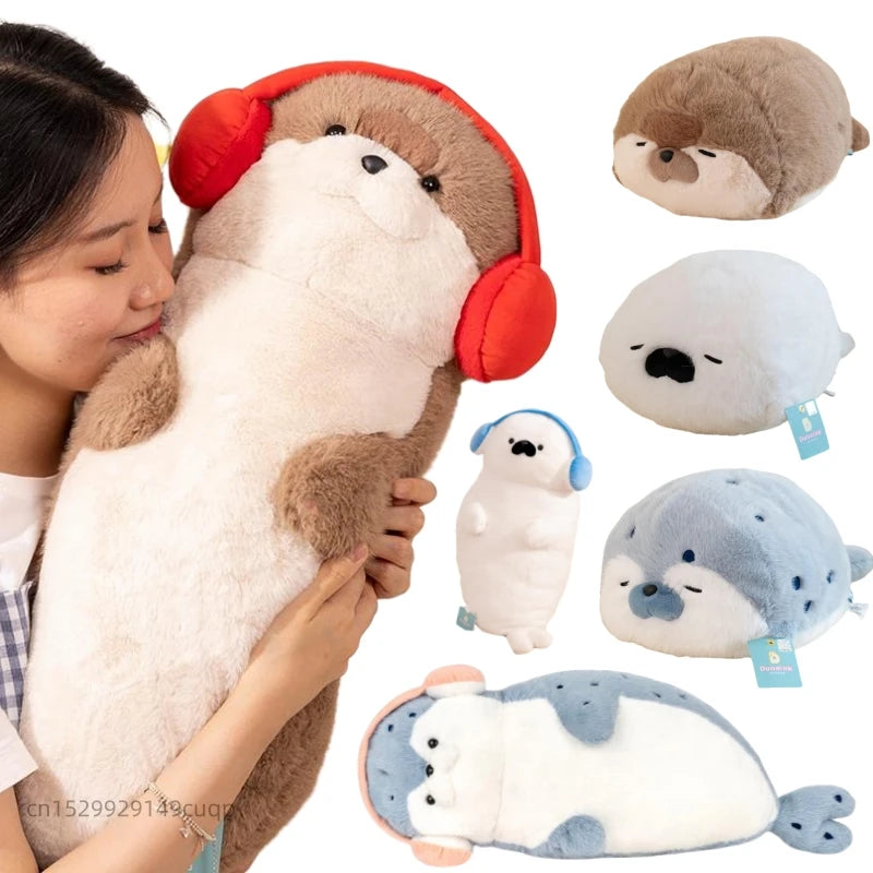 High Quality Genuine Kawaii Cartoon Sea Creature Otter Plush Doll Pillow Headset Blue Seal Otter Stuffed Animal Birthday Gift