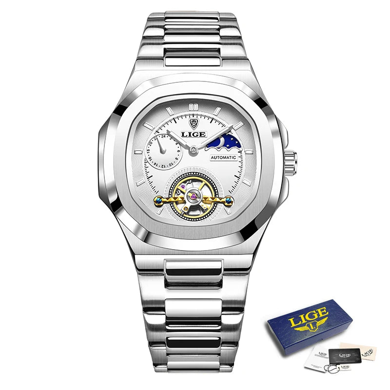 LIGE 2024 Automatic Mens Watch Fashion Stainless Steel Luxury Watches Men Waterproof Luminous Tourbillon Wristwatch Reloj Hombre