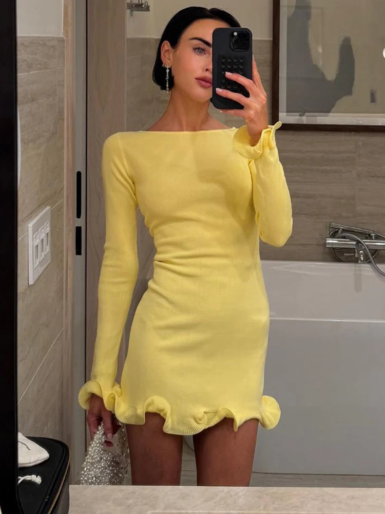 Women Solid Color Ruffles Hem Mini Dress Elegant O Neck Long Sleeve Slim Fit Gown Summer Vacation Holiday Party Dress