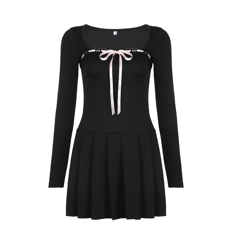 Y2K Black Square Collar Long Sleeve Dress Women Elegant Lace-up Bow A-line Mini Dress Korean Short Dresses Aesthetic Clothes 원피스