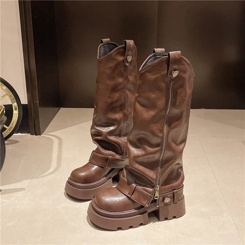 Women's Boots 2025 New Style Retro High Western Boots for Autumn and Winter Fashion Versatile Female Knight Boots