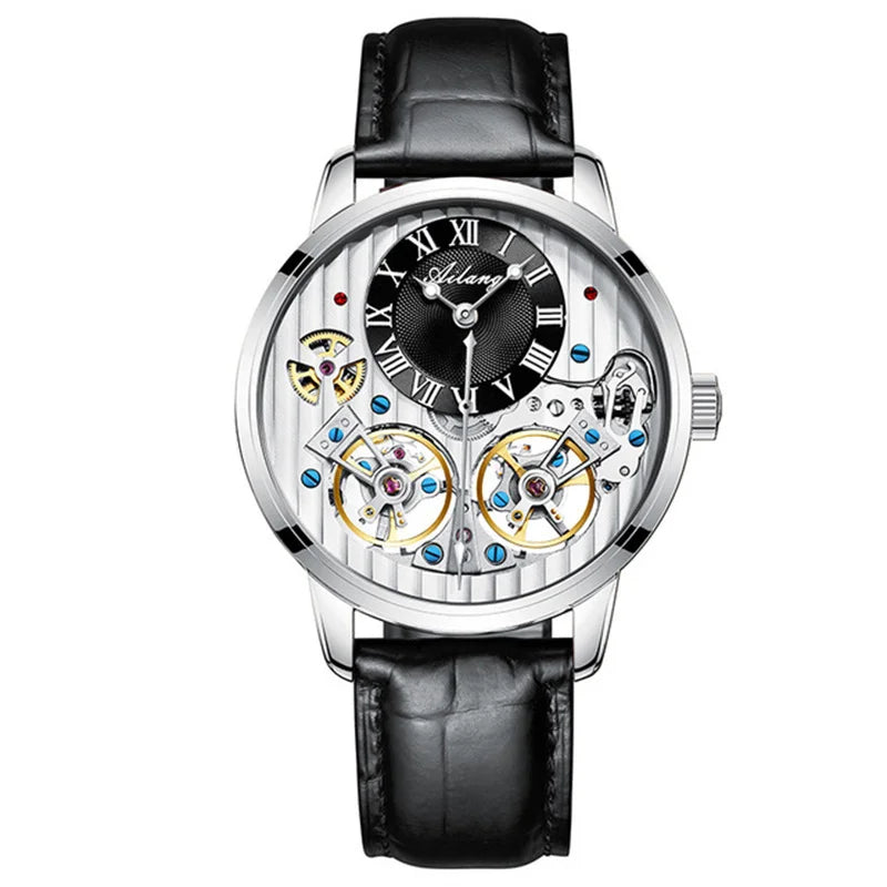 AILANG Double Tourbillon Men Watches Leather Wrist Mechanical Watches Automatic Flying Tourbillon Watches Waterproof Relogio