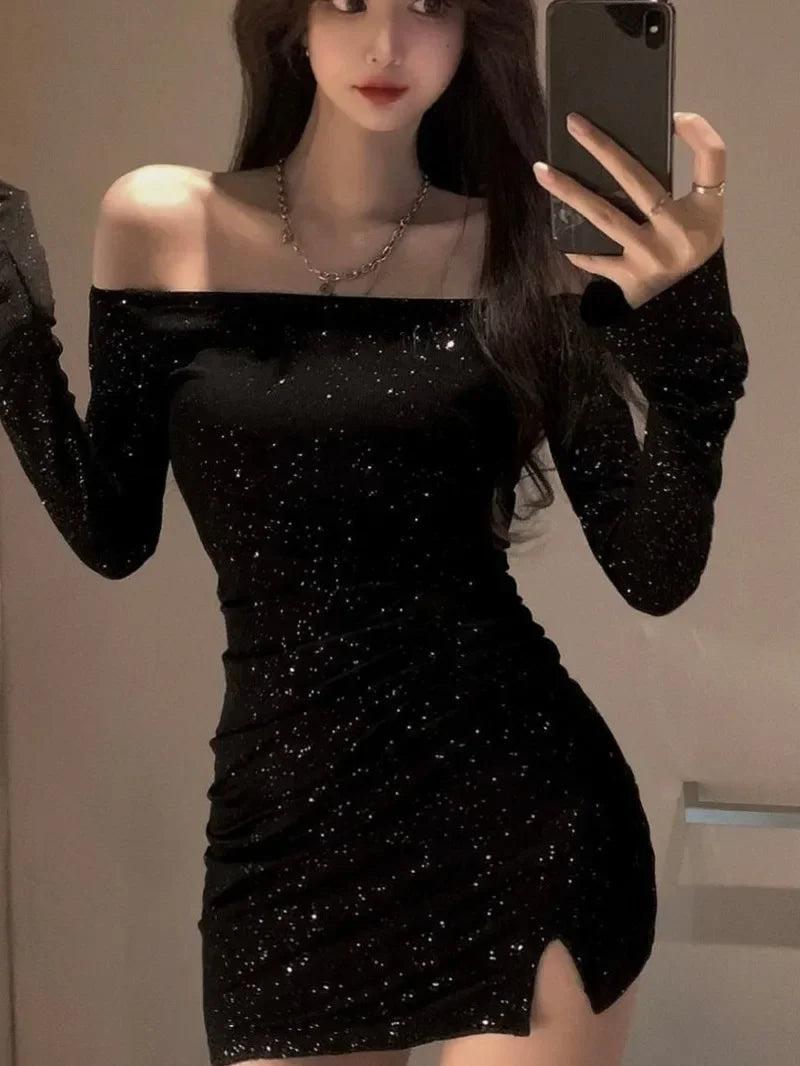 One Shoulder Dress Elegant Female Slim Diamond Long Sleeve Irregular Sexy Hot Girl Short Spring Autumn Black Sweater Dress