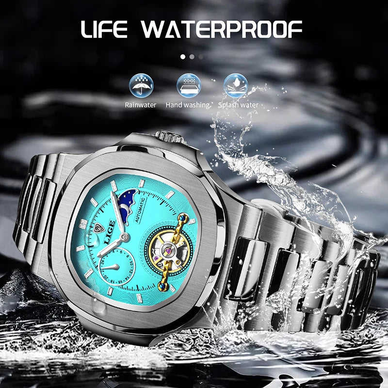 LIGE 2024 Automatic Mens Watch Fashion Stainless Steel Luxury Watches Men Waterproof Luminous Tourbillon Wristwatch Reloj Hombre