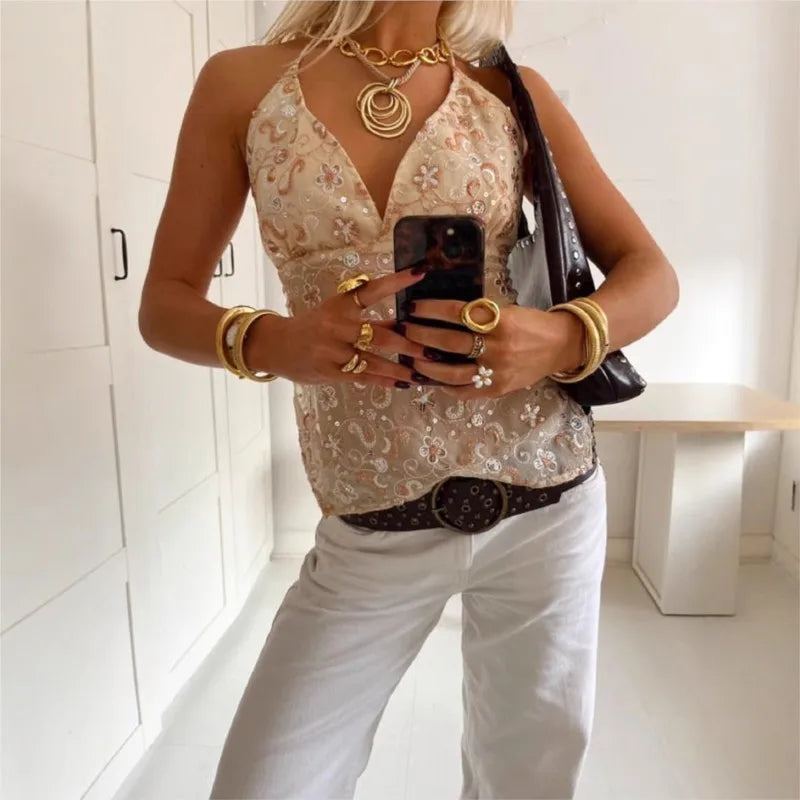 Women Sexy Sequin Embroidery Vest Top See Through Deep V Neck Sleeveless Backless Party Glitter Tanks Summer Slim Y2K Streetwear