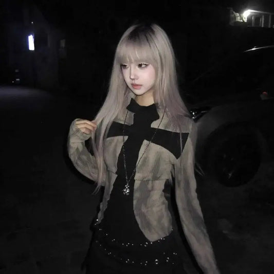 Y2Kサブカルチャークロススリム長袖Tシャツニットローウエストプリーツスカートスモールミレニアルスパイスガールスーツ