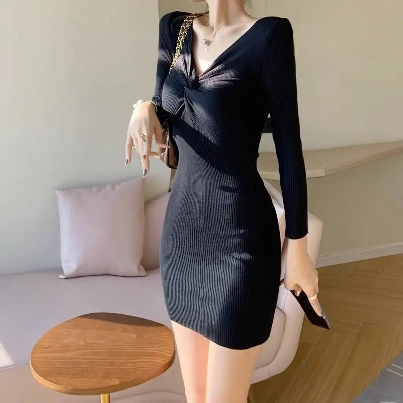Women Sexy V Neck Bodycon Ribbed Knitted Elegant Party Dresses Spring Autumn Fashion Y2K Solid Long Sleeve Club Basic Mini Dress