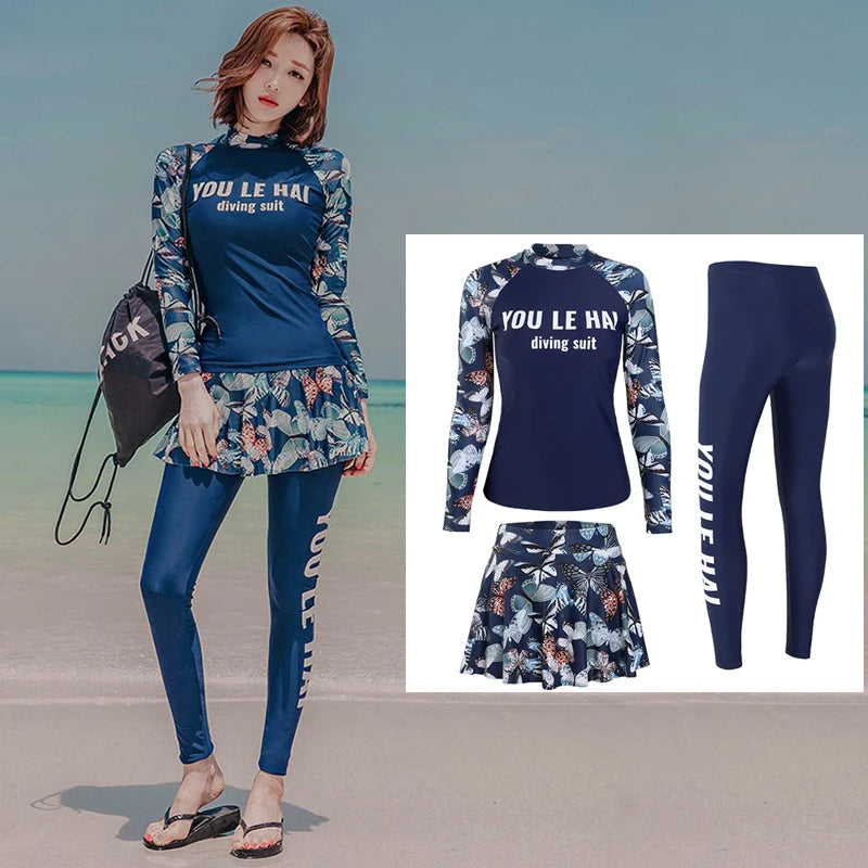 Women's 3pcs/set Printed Long Sleeve Rashguard UV Sun Protection Surf Shirt With Pants Shorts Full Body Bathing Suit Dive Skin