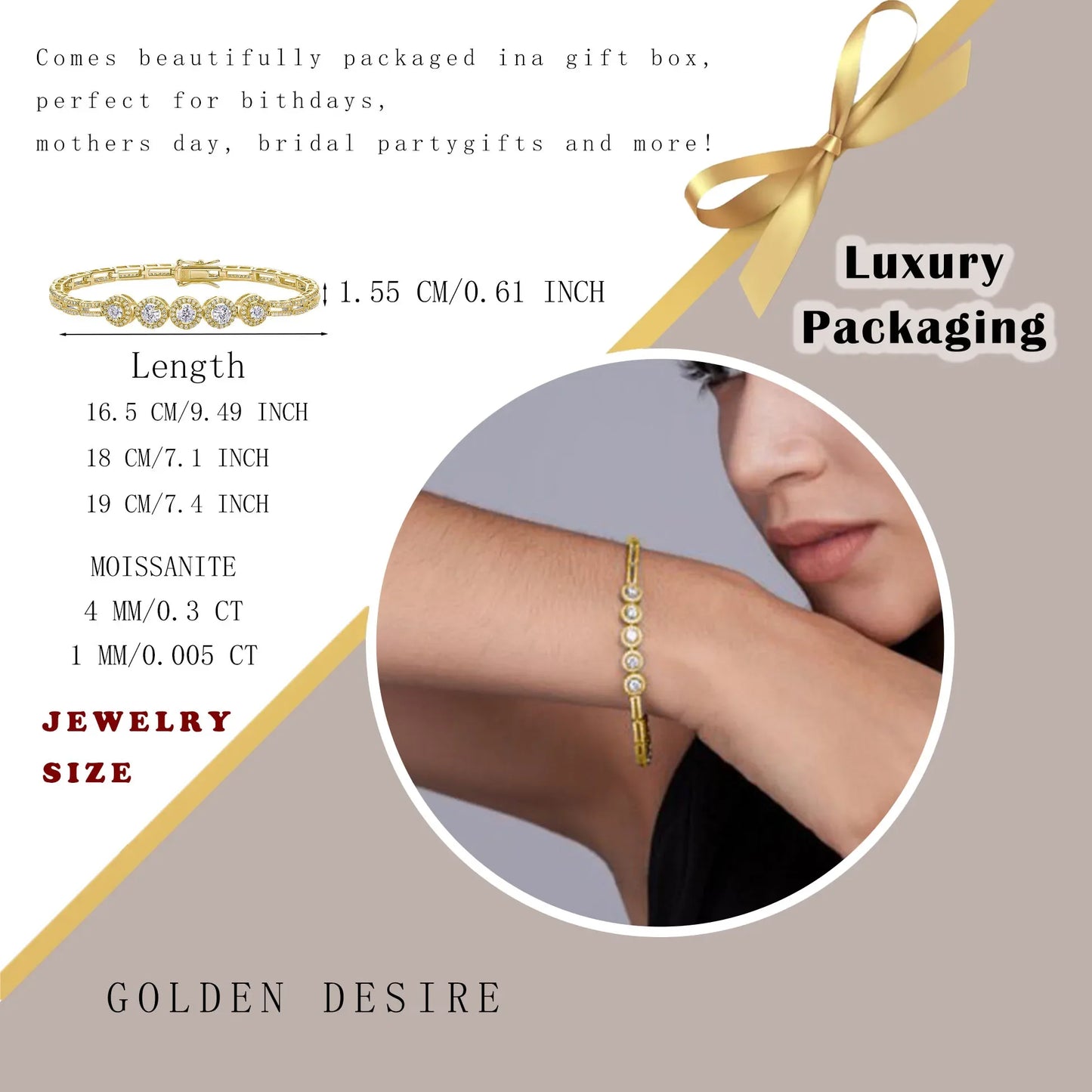 16.4CTW Lab Grown Diamond Bracelet 18K Gold Plated Five Stone Round Design Hypoallergenic Comes with GRA Certificate