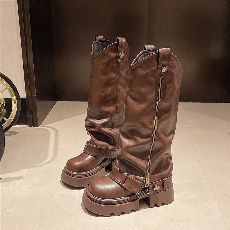 Women's Boots 2025 New Style Retro High Western Boots for Autumn and Winter Fashion Versatile Female Knight Boots