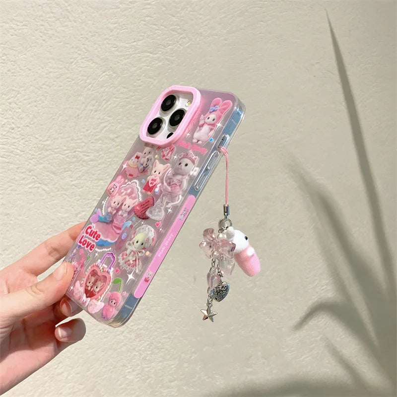 Luxury Laser Rainbow Cute Pink Heart Love Cat Cartoon Phone Case For iPhone 12 13 14 15 16 Pro Max Y2k 3D Furry Cat Doll Lanyard
