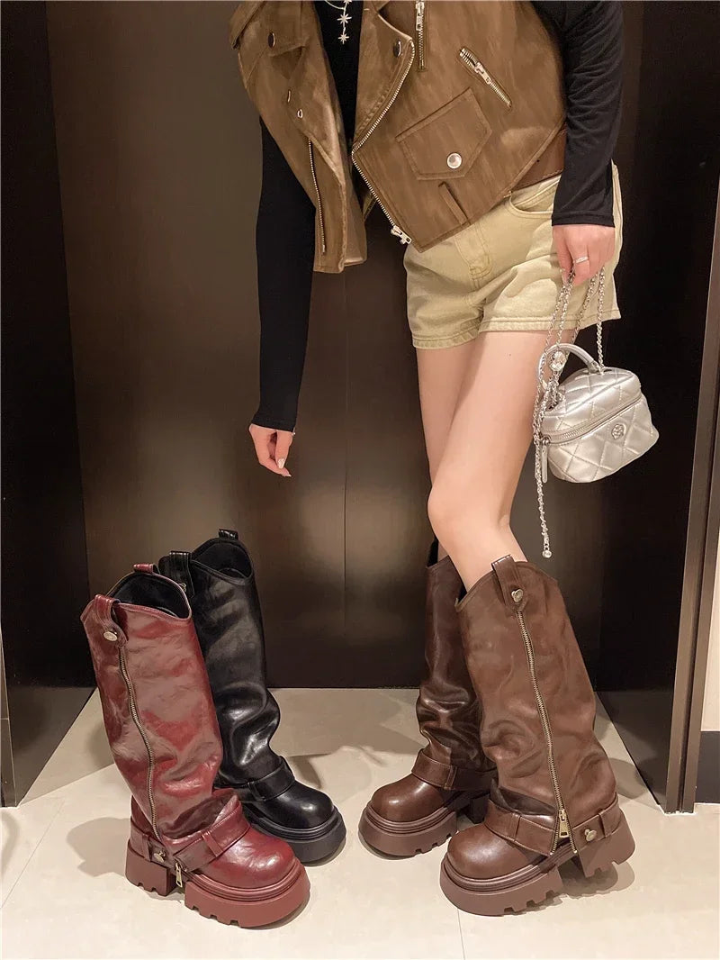 Women's Boots 2025 New Style Retro High Western Boots for Autumn and Winter Fashion Versatile Female Knight Boots