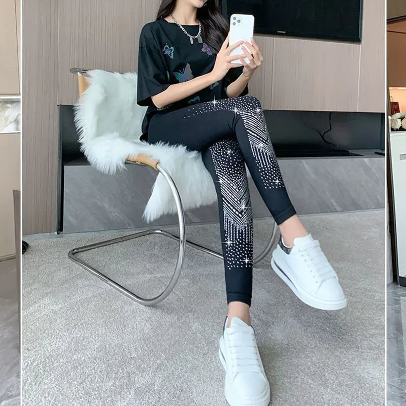 Xpqbb Black Stretch Rhinestone Skinny Leggings Women Autumn Winter Thick Velvet Ankle-Length Pants Tide Elasticit Shinny Legging