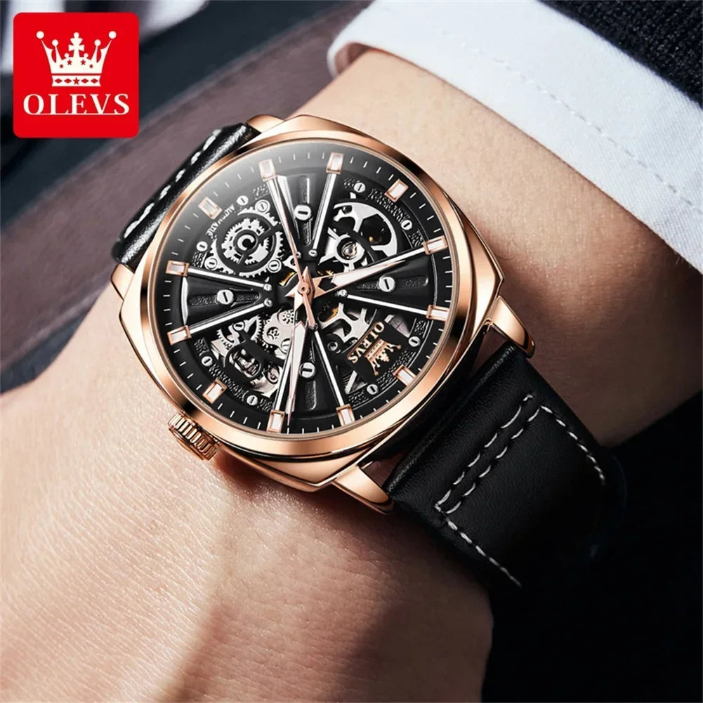 OLEVS Mens Watch Automatic Mechanical Watch Business Leather Strap Tourbillon Watch for Men Waterproof Luminous Wristwatch Clock