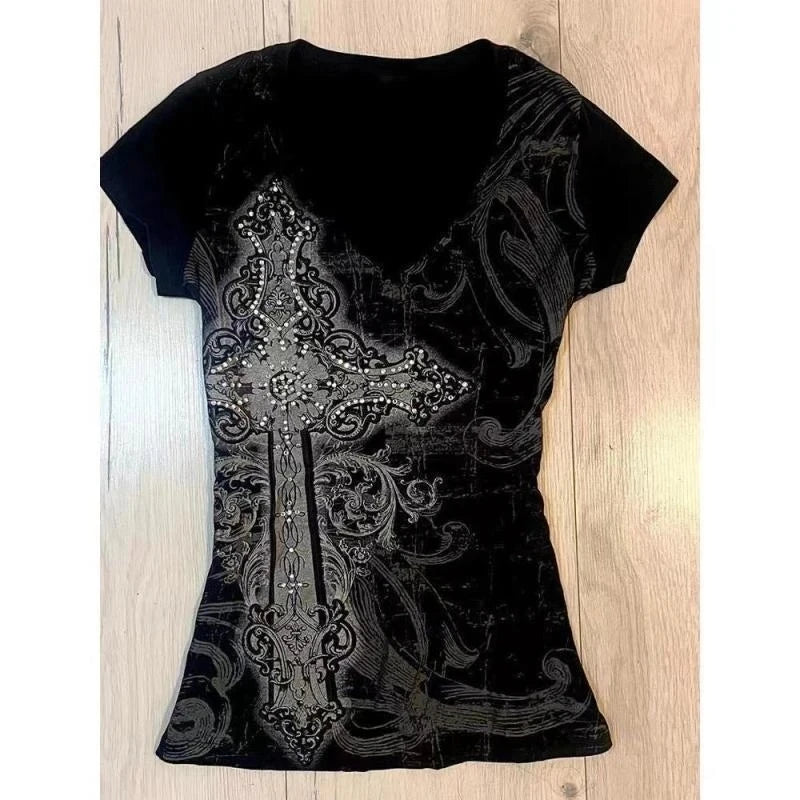 2000年代ヴィンテージY2Kクロップトップレディース半袖スリムプリントTシャツサブカルチャー原宿系ファッション韓国パンクゴシックTシャツアウターウェア