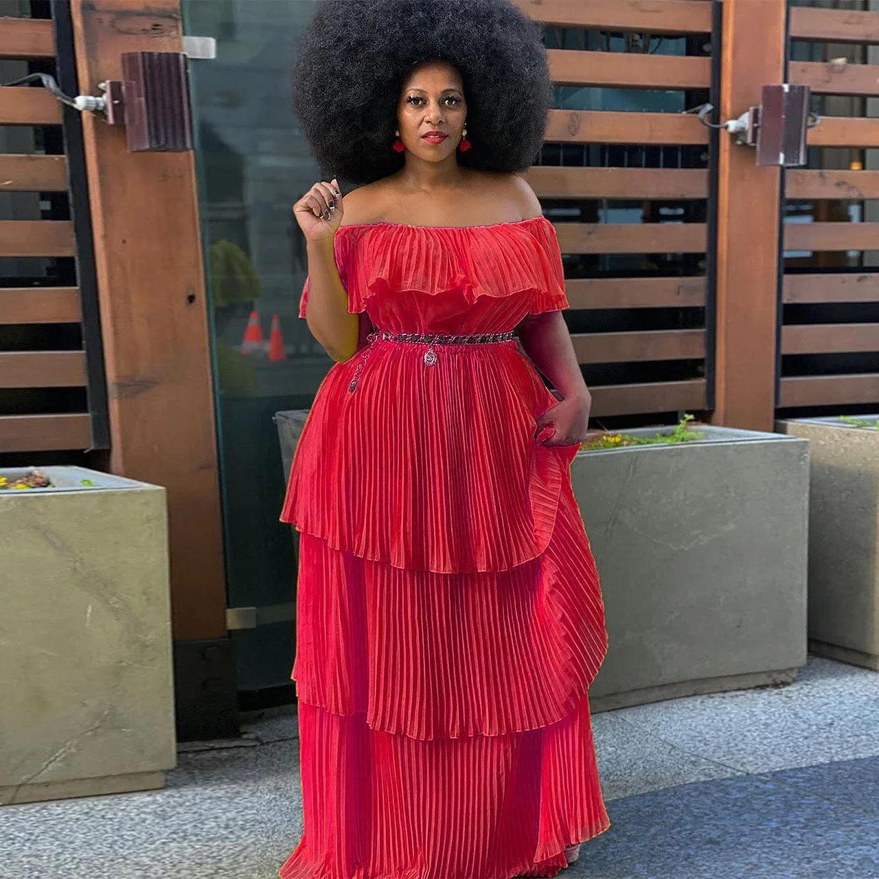 Wmstar Plus Size Party Dress Women Solid Off Shoulder Pleated Fashion Chiffon Elegant Maxi Dresses 2022 Wholesale Dropshipping